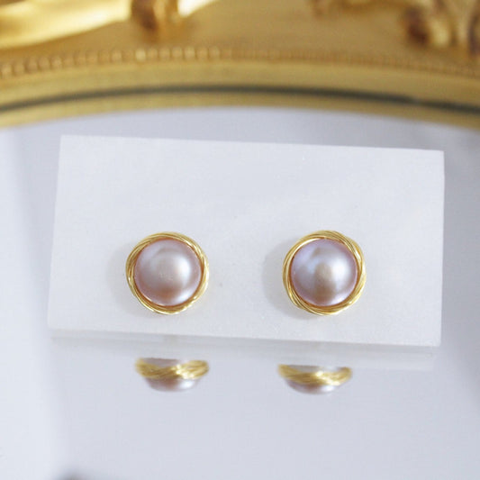 Purple Freshwater Pearl with Gold Plate Rounded Earring