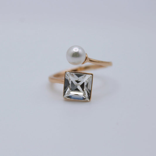 Square Gems with Pearl Open-Ring