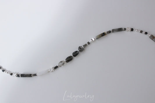 Natural Stone Beaded Silver Necklace